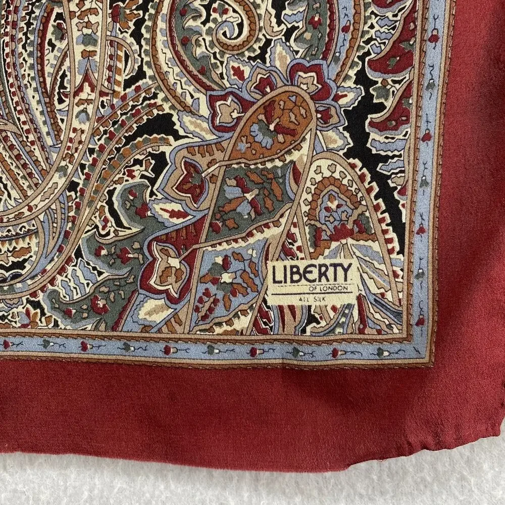 LIBERTY OF LONDON Scarf Silk Crepe Paisley Hand Rolled Rectangular Red VTG